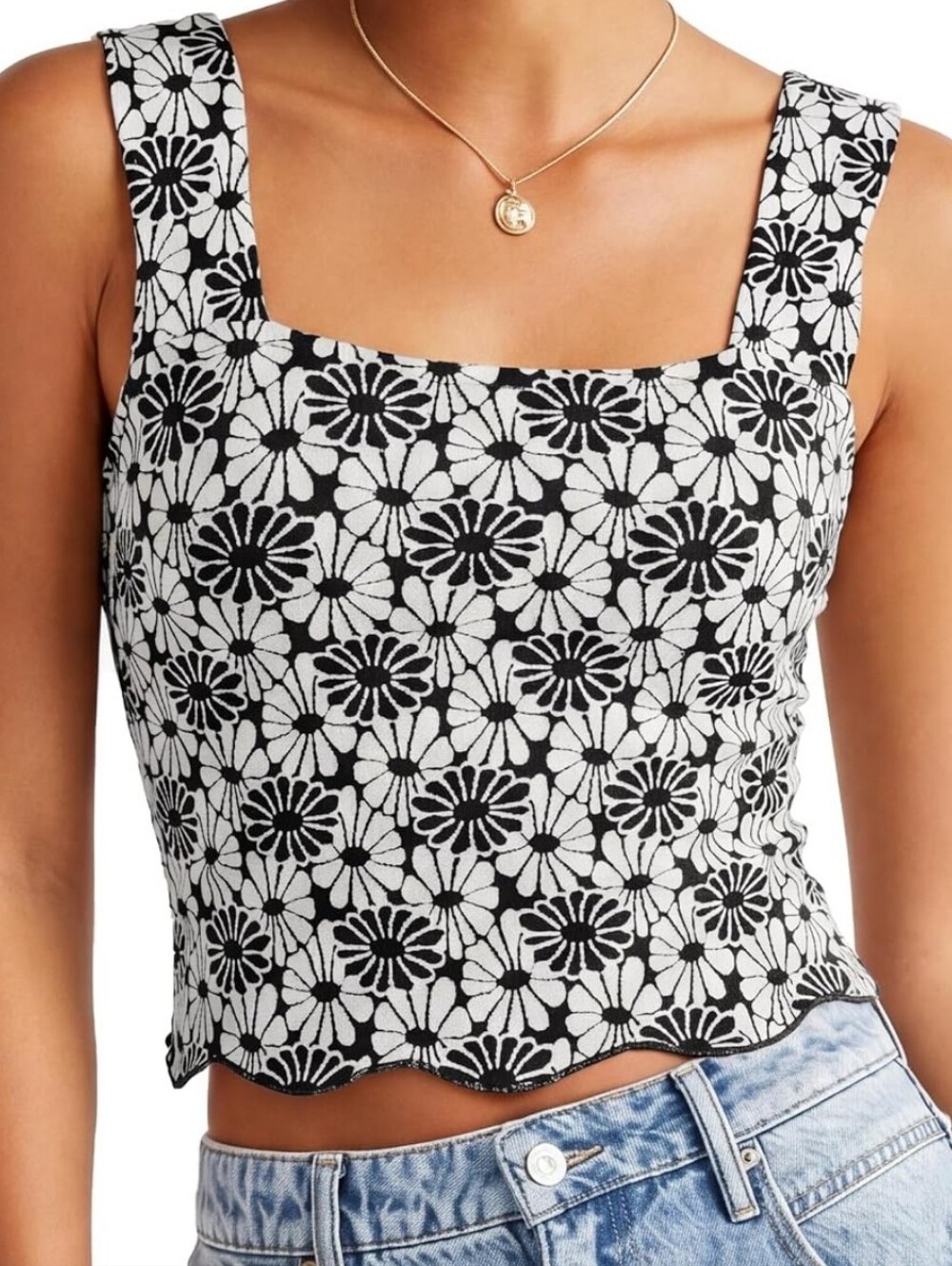 Black & White Floral Square-Neck Crop Top